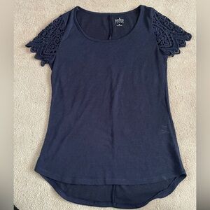 New York & Company Soho Navy Women's Top with Lace Sleeves